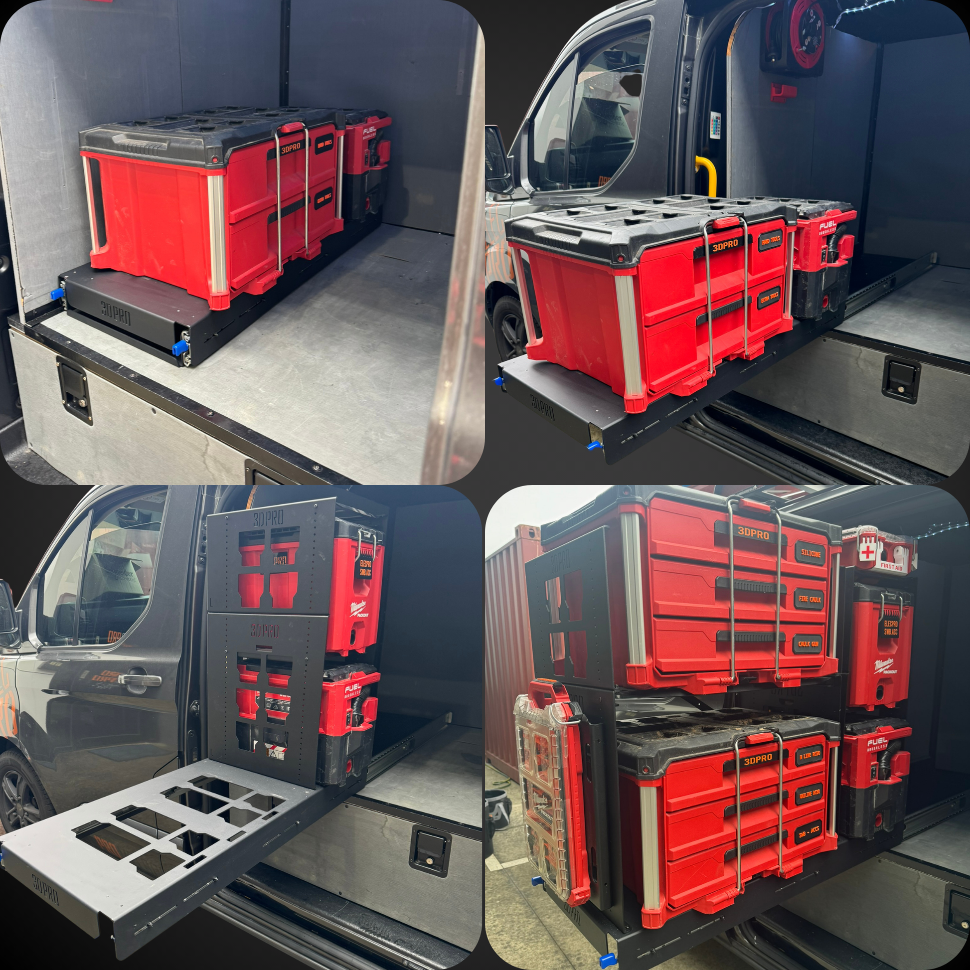 Collage of red toolboxes in a van, showcasing storage solutions.