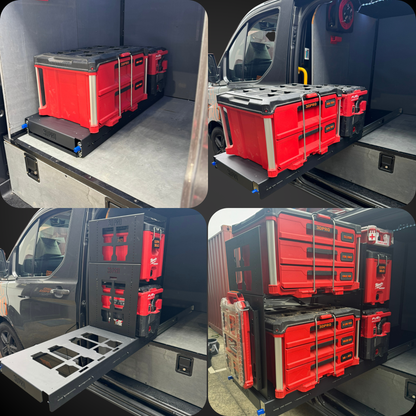 Collage of red toolboxes in a van, showcasing storage solutions.