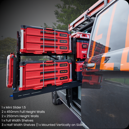 Van Set-up with 1.5 Mini Slider (Pack A Shelf) shelves, featuring Milwaukee tools.