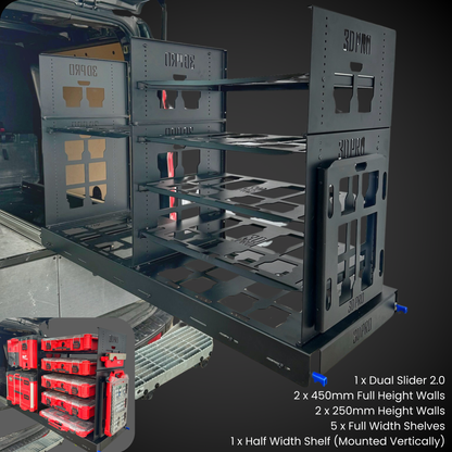 Modular shelving system with labeled components by 3DPRO on a dark background