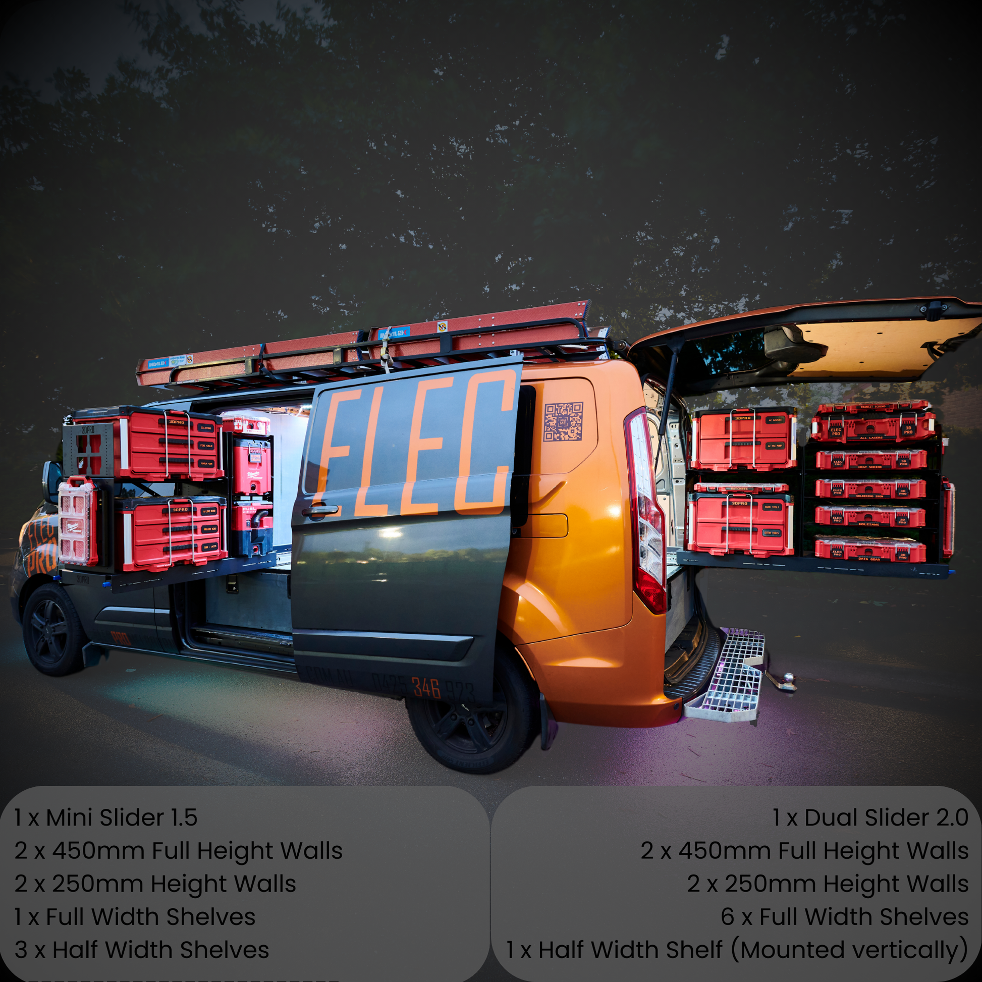 Van with storage solutions and 'ELEC' branding on a dark background
