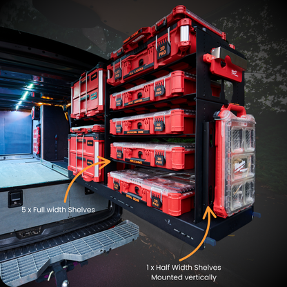 Red tool storage system with shelves inside a vehicle.