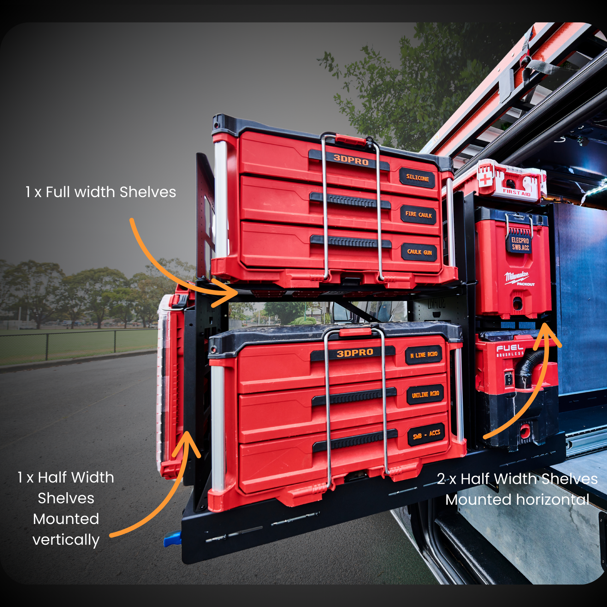 Red tool storage system with labeled shelves on a truck bed using a 1x Full width shelves and 1x half width shelf.