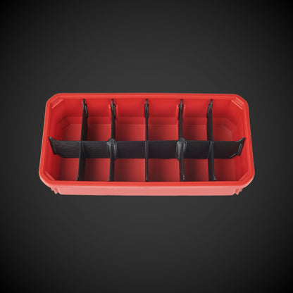 A red 12-Way Low Double Bin Divider (MP) with black dividers, designed for organizing tools in a Milwaukee Packout low organizer.