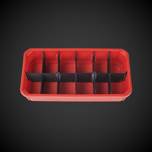 A red 12-Way Low Double Bin Divider (MP) with black dividers, designed for organizing tools in a Milwaukee Packout low organizer.