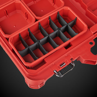 Red tool box with black 12-Way Low Double Bin Divider on a dark background