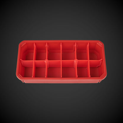 A red bin with red A red 12-Way Low Double Bin Divider (MP) with black dividers, designed for organizing tools in a Milwaukee Packout low organizer. dividers, designed for organizing tools in a Milwaukee Packout low organizer.