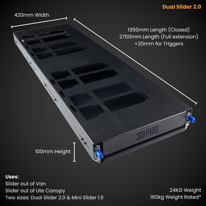 3D Pro Dual Slider 2.0 with dimensions and features on a dark background