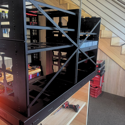 2.0 Slider Bracing Kit (Pack A Shelf) in a room with tools and boxes on the floor