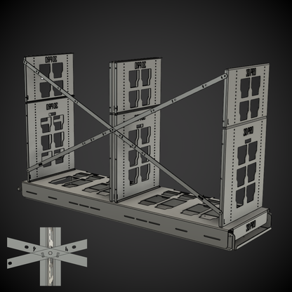 Metal frame structure with 2.0 Slider Bracing Kit (Pack A Shelf) on a dark background