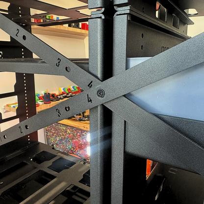 Close-up of a metal pack a shelves with 2.0 Slider Bracing Kit (Pack A Shelf) 
