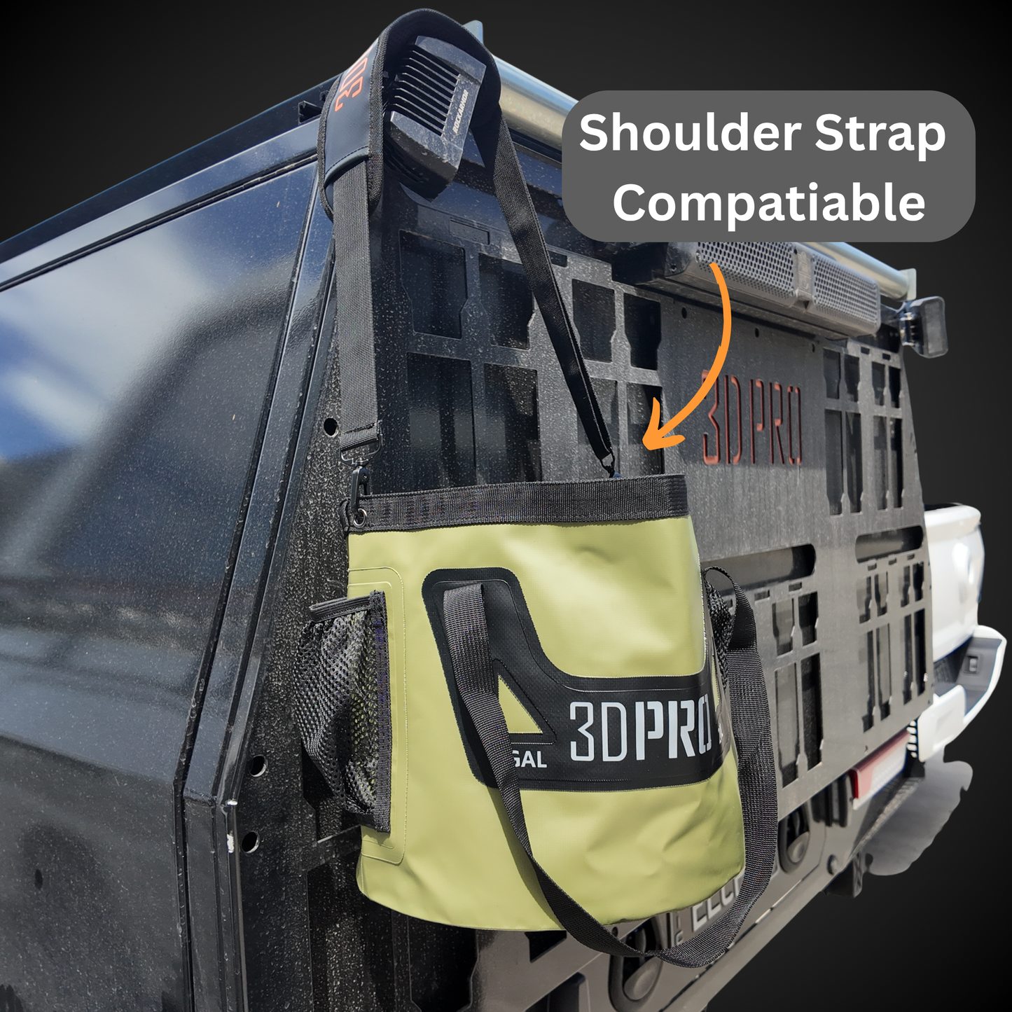 Back of a vehicle with a shoulder strap compatible folding bucket attached, featuring the brand '3DPRO'.