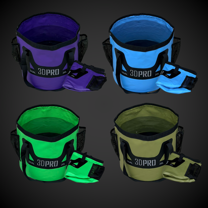 Four colorful 3DPRO folding buckets with wrist straps and '3DPRO' branding on a dark background.