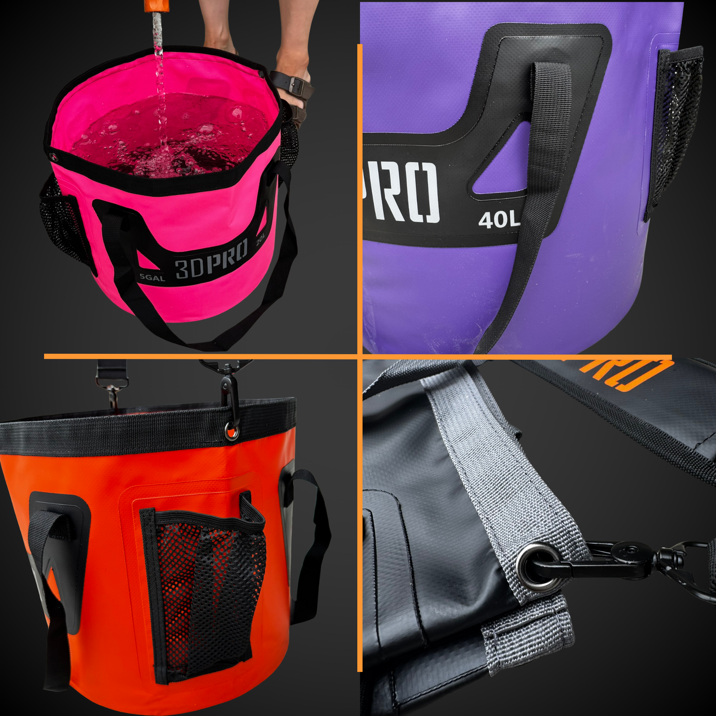 Four different colored bags showing 3PRO folding bucket's features