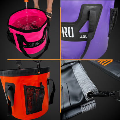 Four different colored bags showing 3PRO folding bucket's features