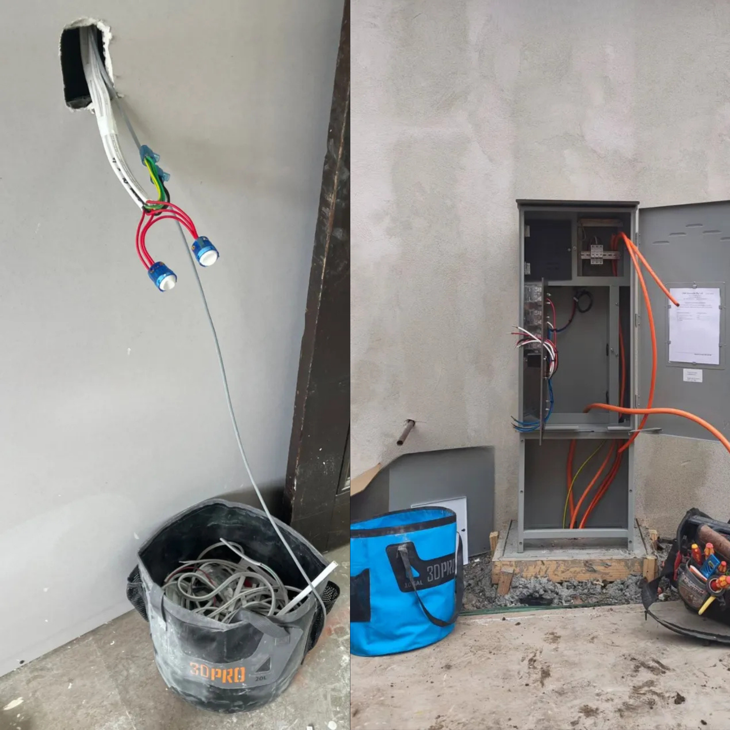 Electrical setup with wires and equipment in a room.