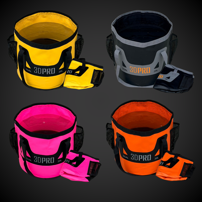 Four colorful folding buckets bags with featuring the brand '3DPRO'.