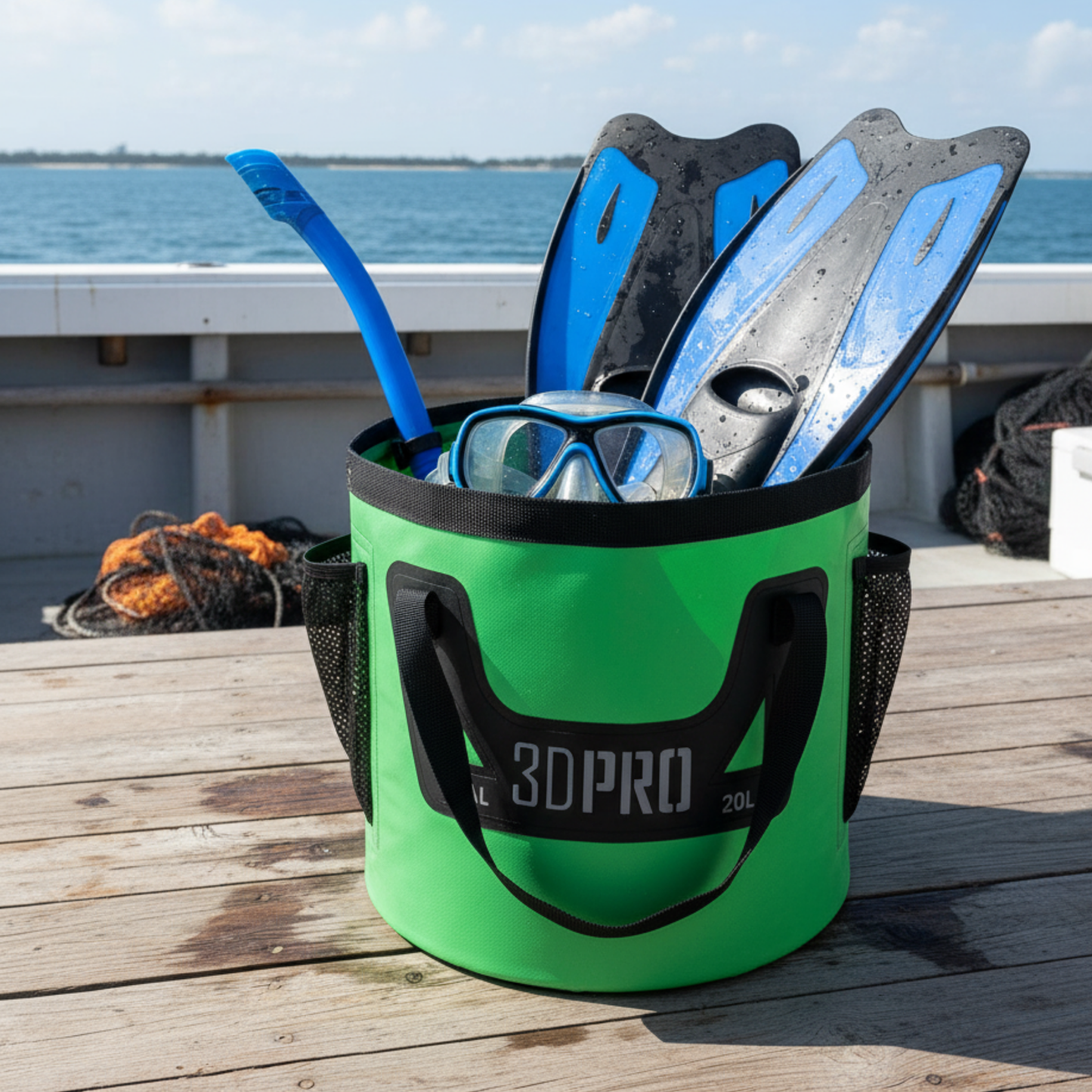 Green 3DPro folding bucket with diving equipment on a wooden dock by the water.