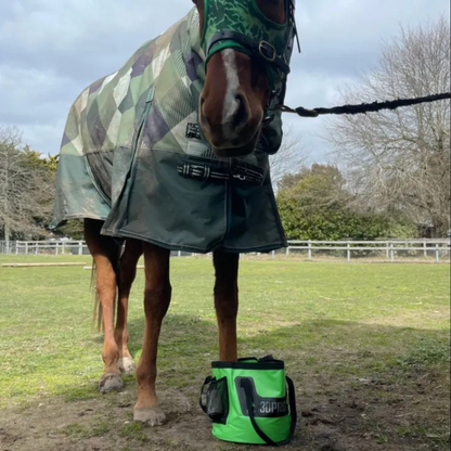 Horse wearing a camouflage raincoat with a green 3DPRO folding bucket on the ground in an outdoor setting.