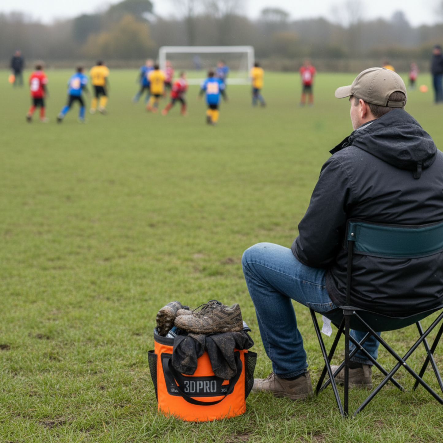 Man sitting on a chair with a folding bucket filled with muddy shoes and clothes watching a soccer game on a field.