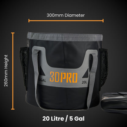 Black and gray bag with '3D Pro' branding and measurements on a dark background