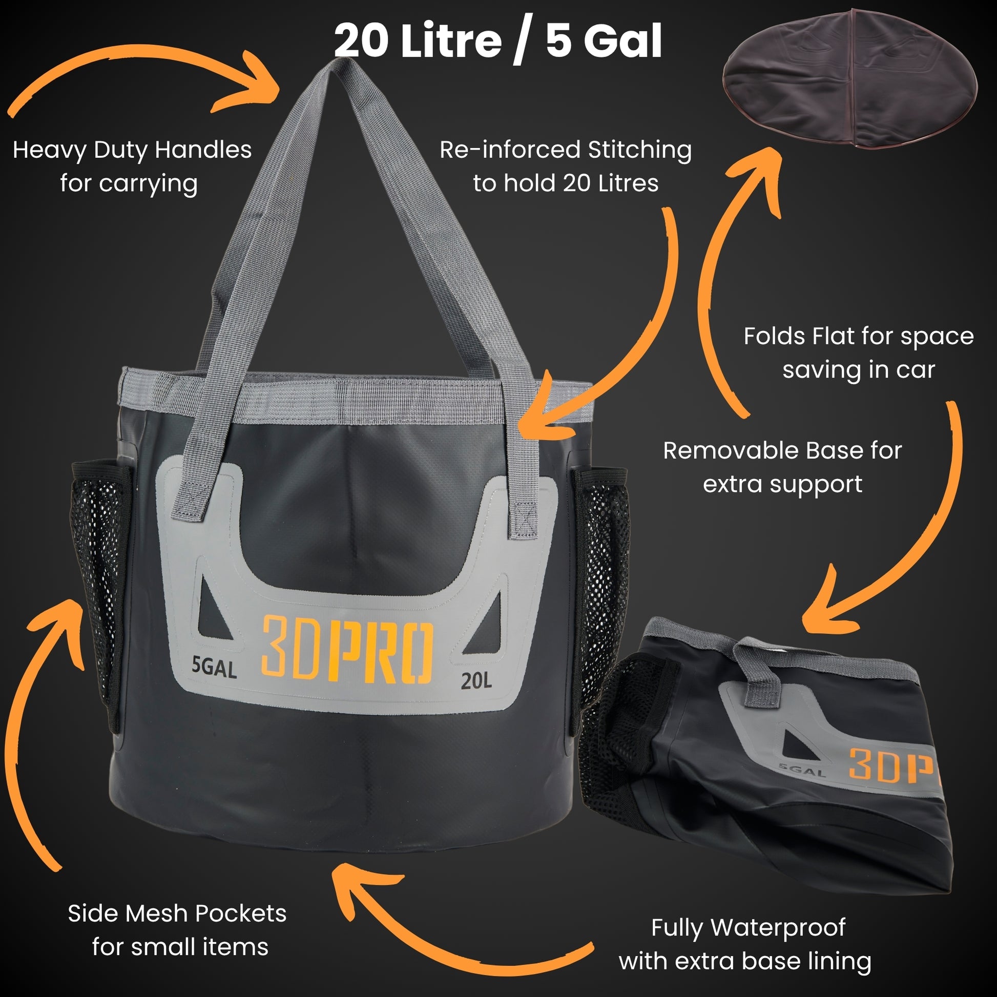 20L Folding Bucket with Tough Handles and Mesh Pockets