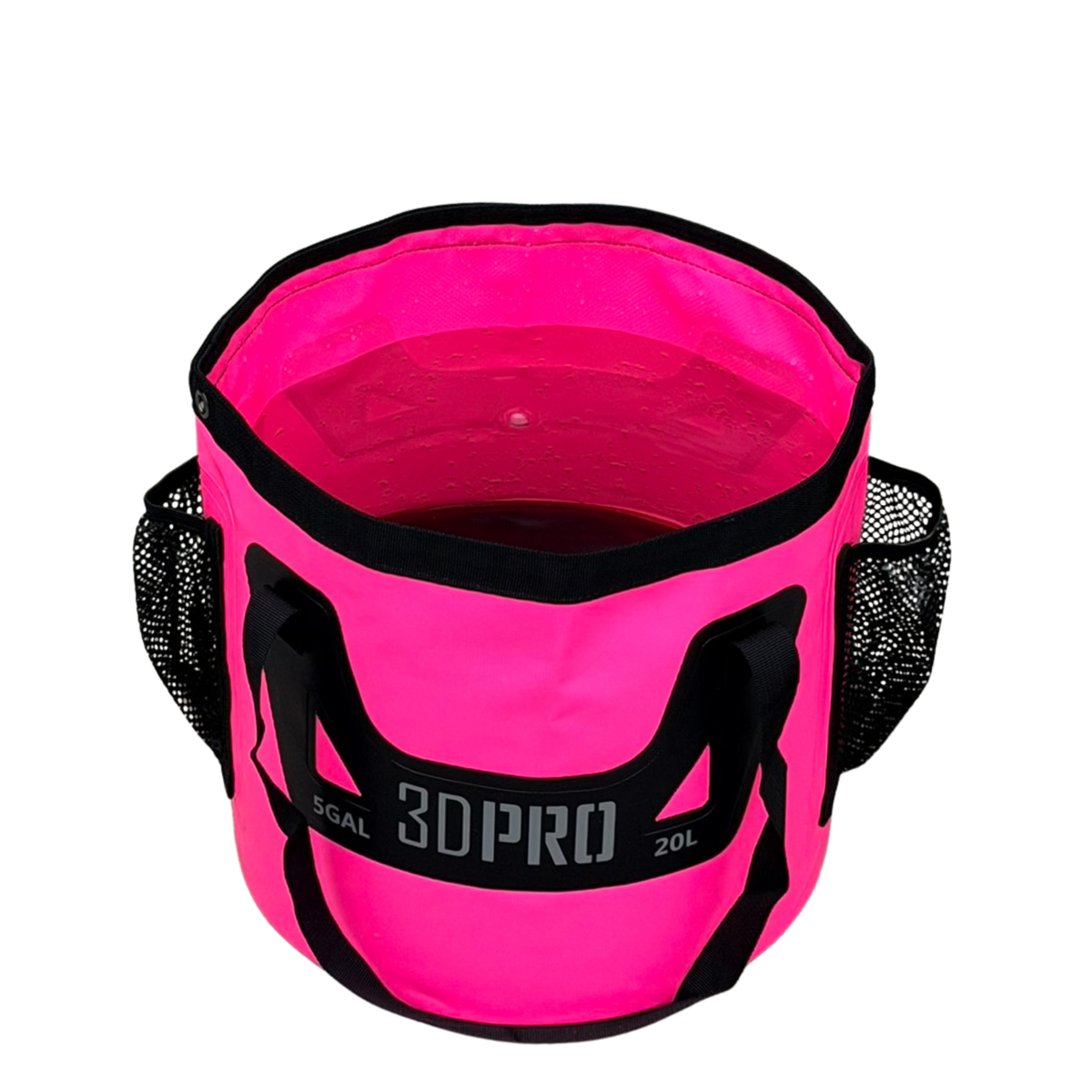 Pink 3DPRO 20L folding bucket with black trim and side mesh pockets