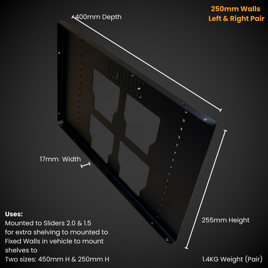 250mm Height Set of Walls (Pack A Shelf) with dimensions labeled on a dark background
