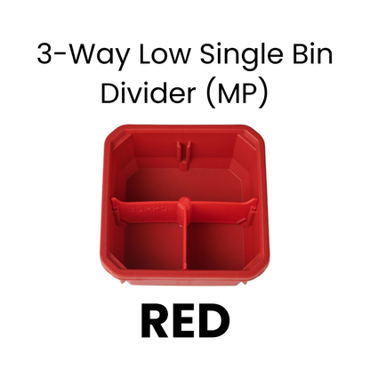 Red 3-way low double bin divider with black dividers on a white background