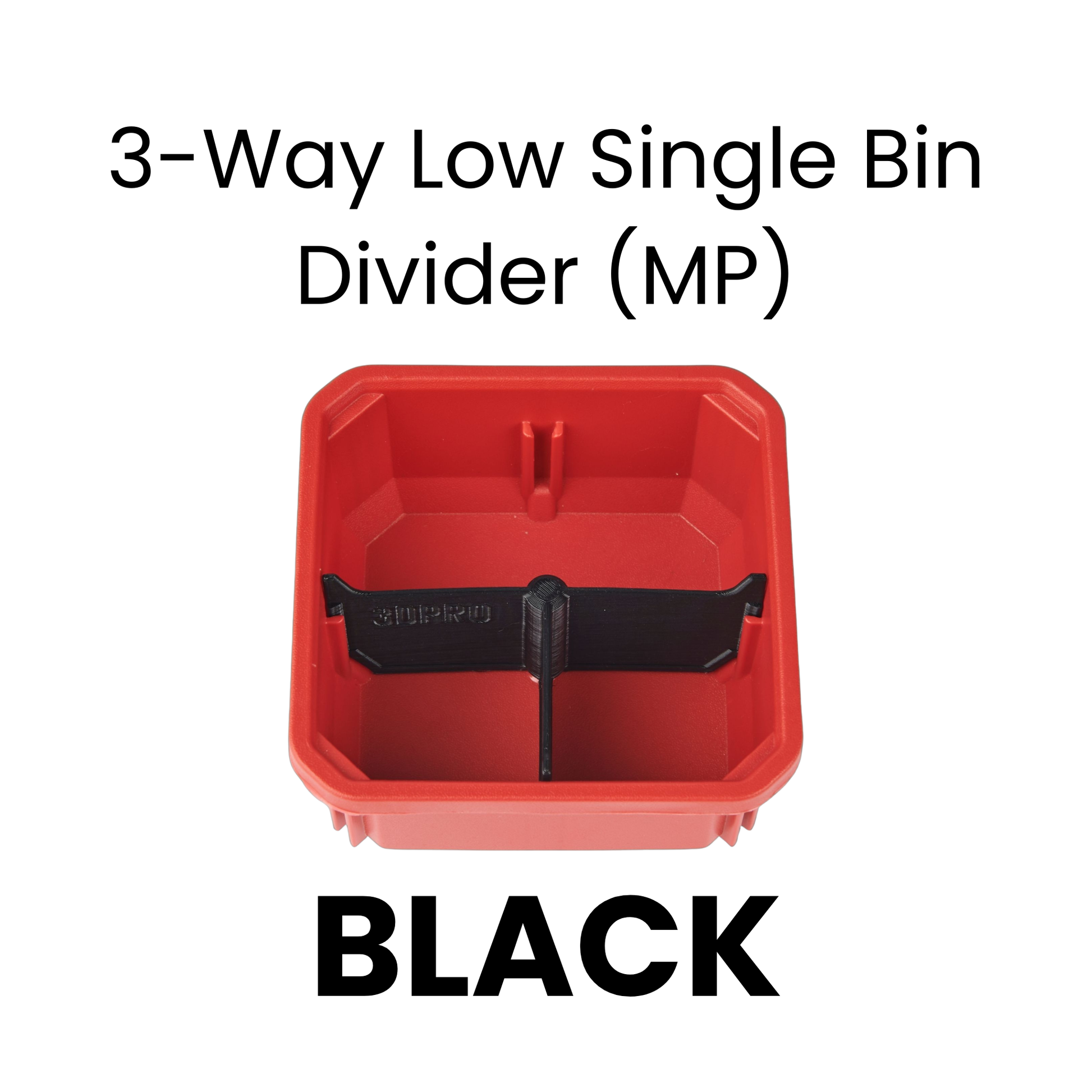 Red bin with a black divider labeled '3-Way Low Single Bin Divider (MP)' on a white background.