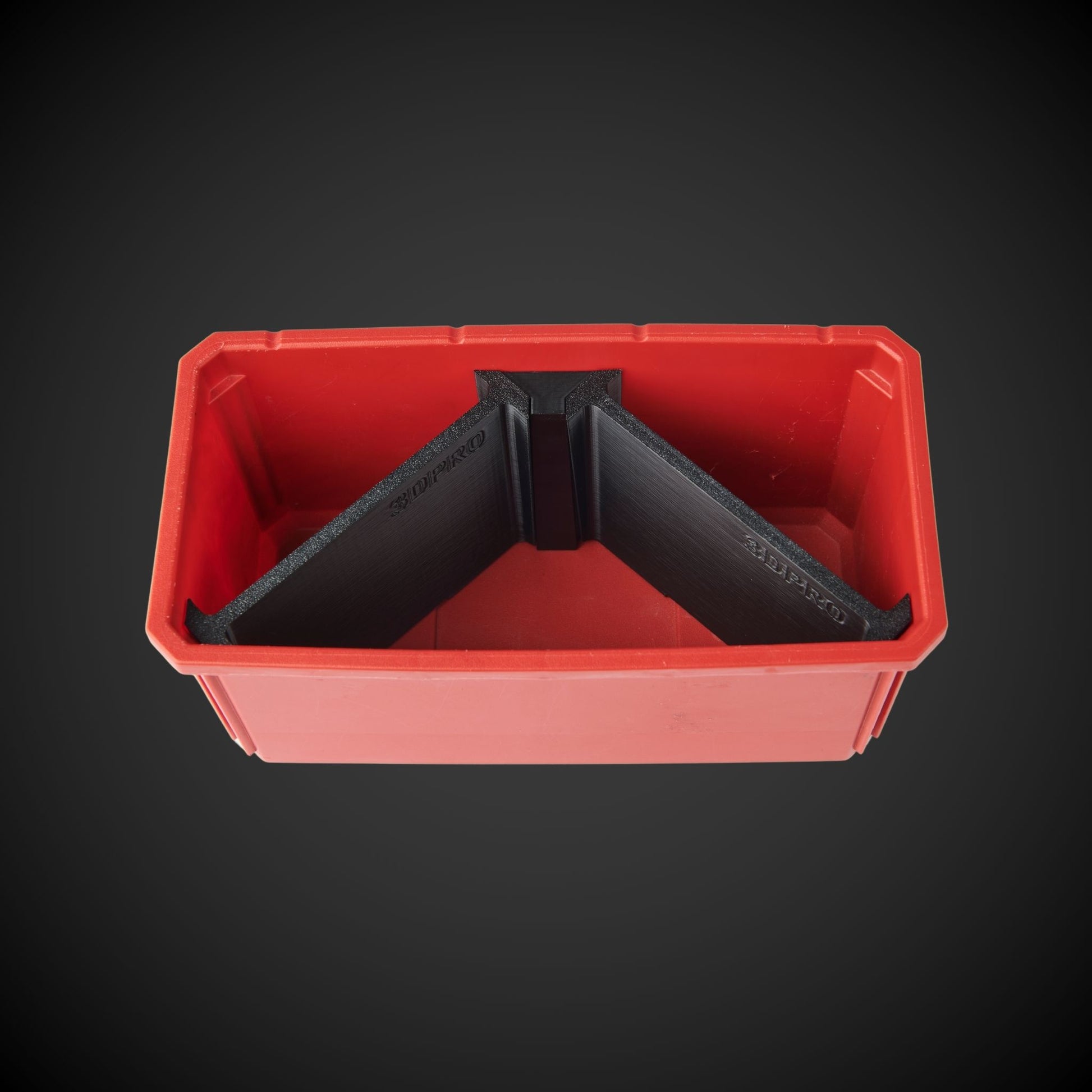 A red and black 3-way standard double bin divider designed to fit into Milwaukee Packout standard organizer double bins.