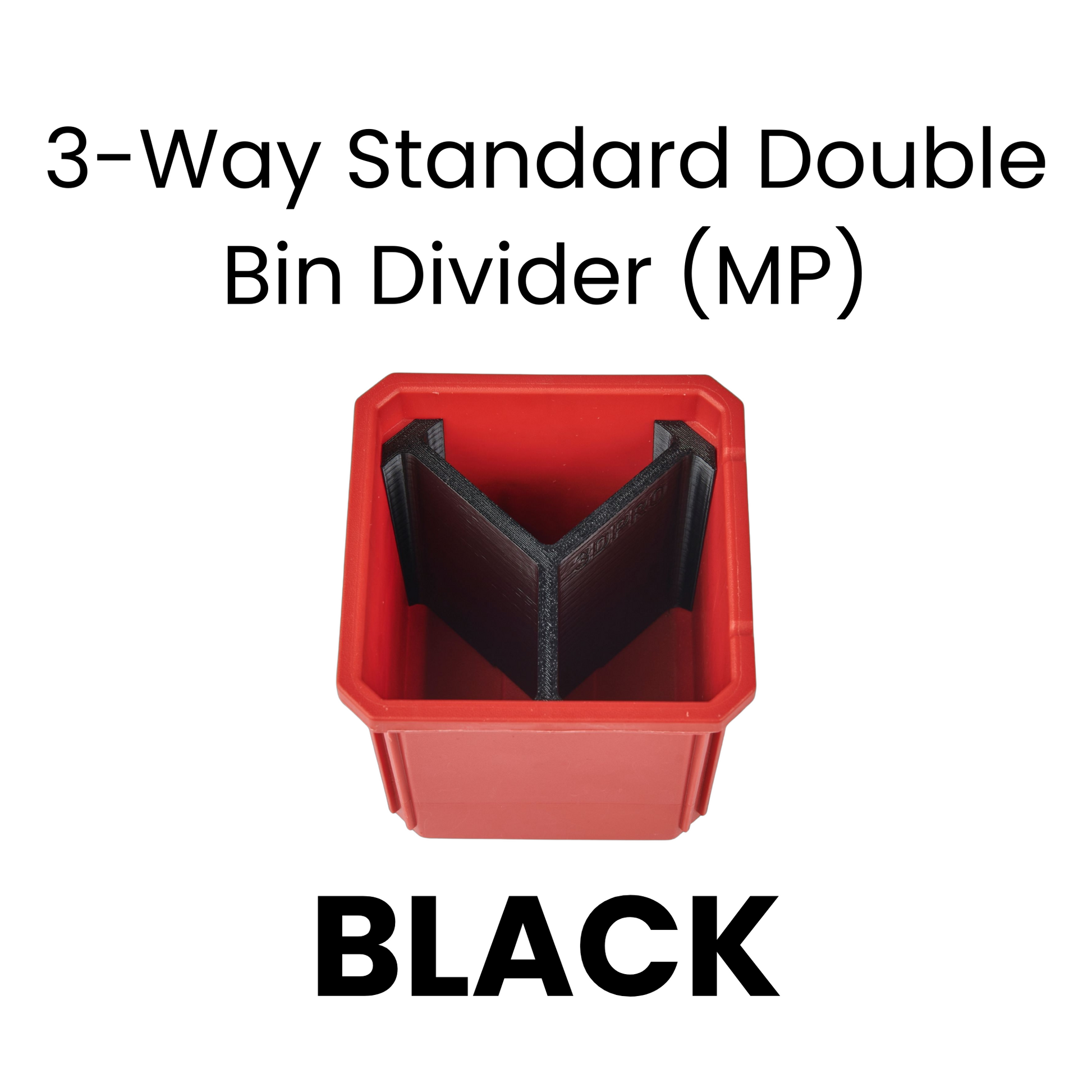 Red bin with black 3-way standard double bin divider on a white background