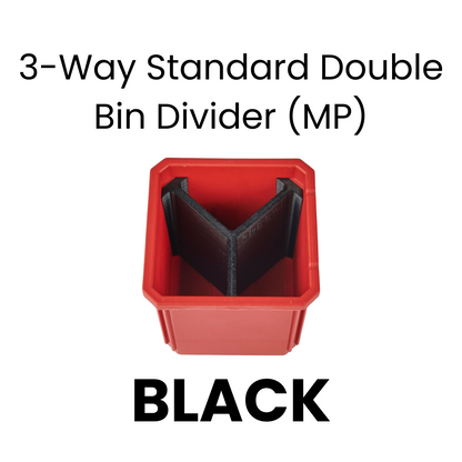 Red bin with black 3-way standard double bin divider on a white background