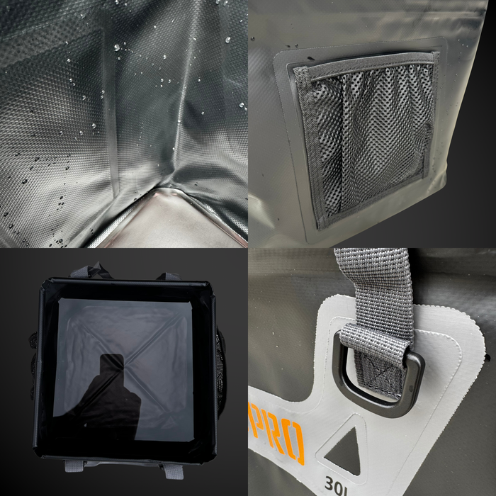 Collage of a waterproof bag with mesh pocket, black frame, and strap detail.