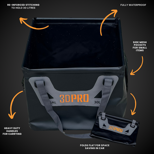 30L/8GAL Pro Square Folding Bucket with key features:

- re-inforced stitching to hold 30L 
- fully waterproof
- side mesh pockets for small items
- folds flat for space saving in car
- heavy duty handles for carrying