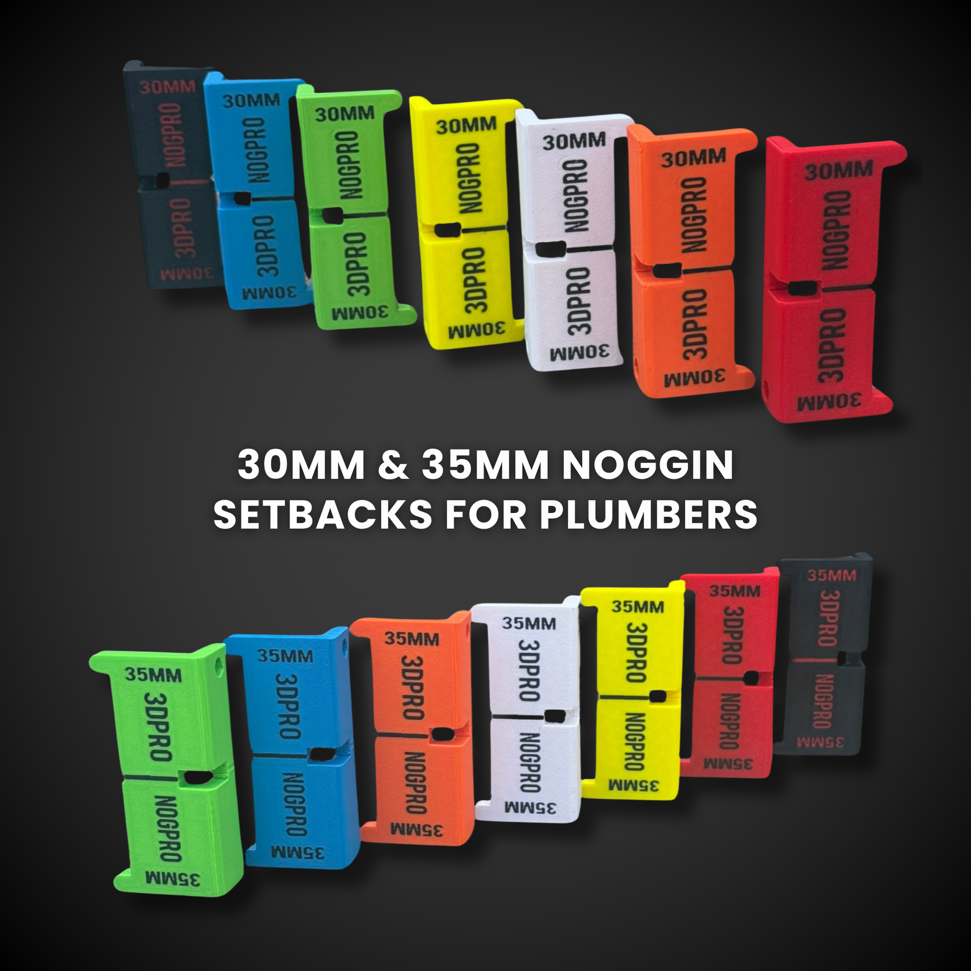 Set of colorful plumbing setback markers with '3DPRO' branding on a black background.