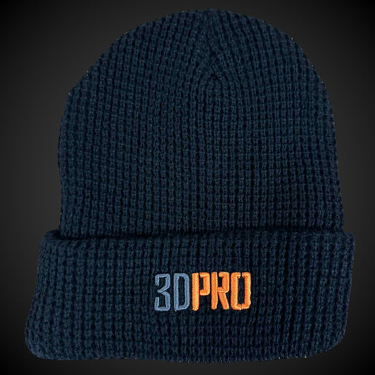 Blue knit beanie with '3DPRO' embroidery on a dark background