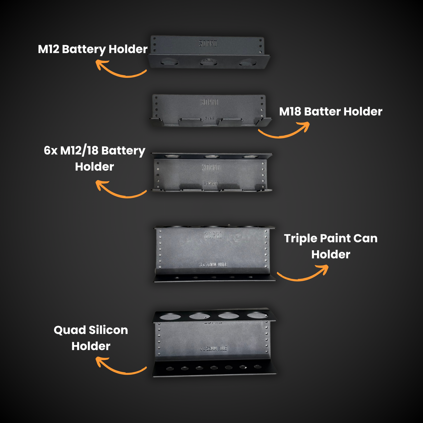 Set of 3DPRO holders with labels on a dark background