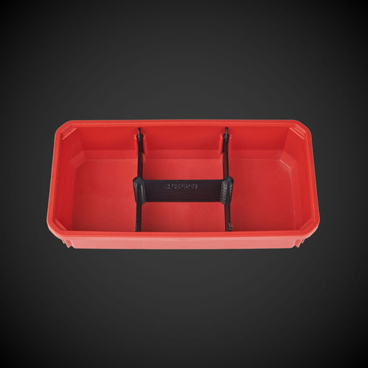 A red 4-way low double bin divider with black accents, designed for organizing tools within a bin.