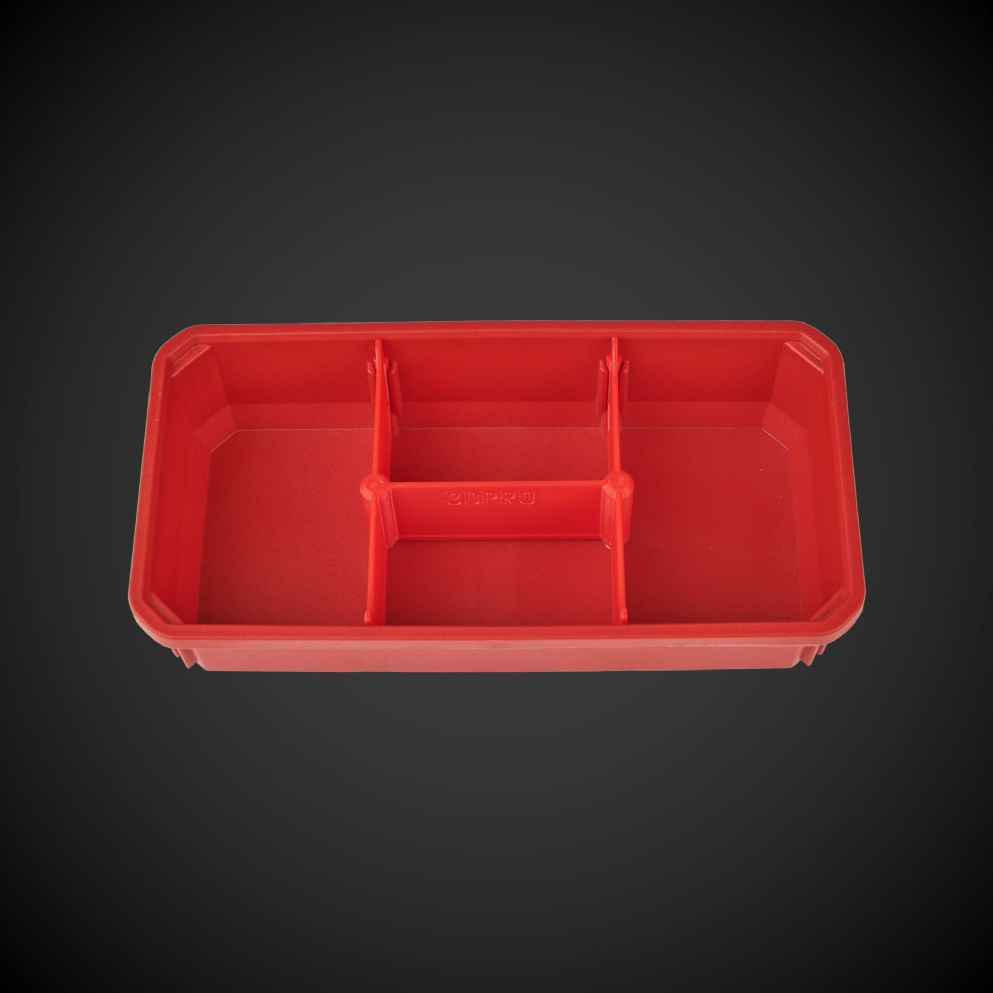 Red plastic tool box with red 4-Way Low Double Bin Divider (MP) on a black background