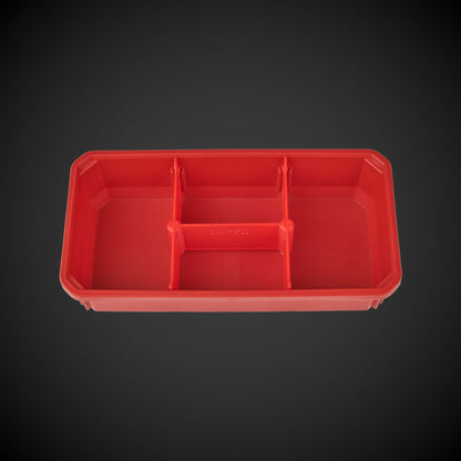 Red plastic tool box with red 4-Way Low Double Bin Divider (MP) on a black background