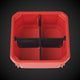 A red Milwaukee low single bin with a black 4-Way Low Single Bin Divider (MP)