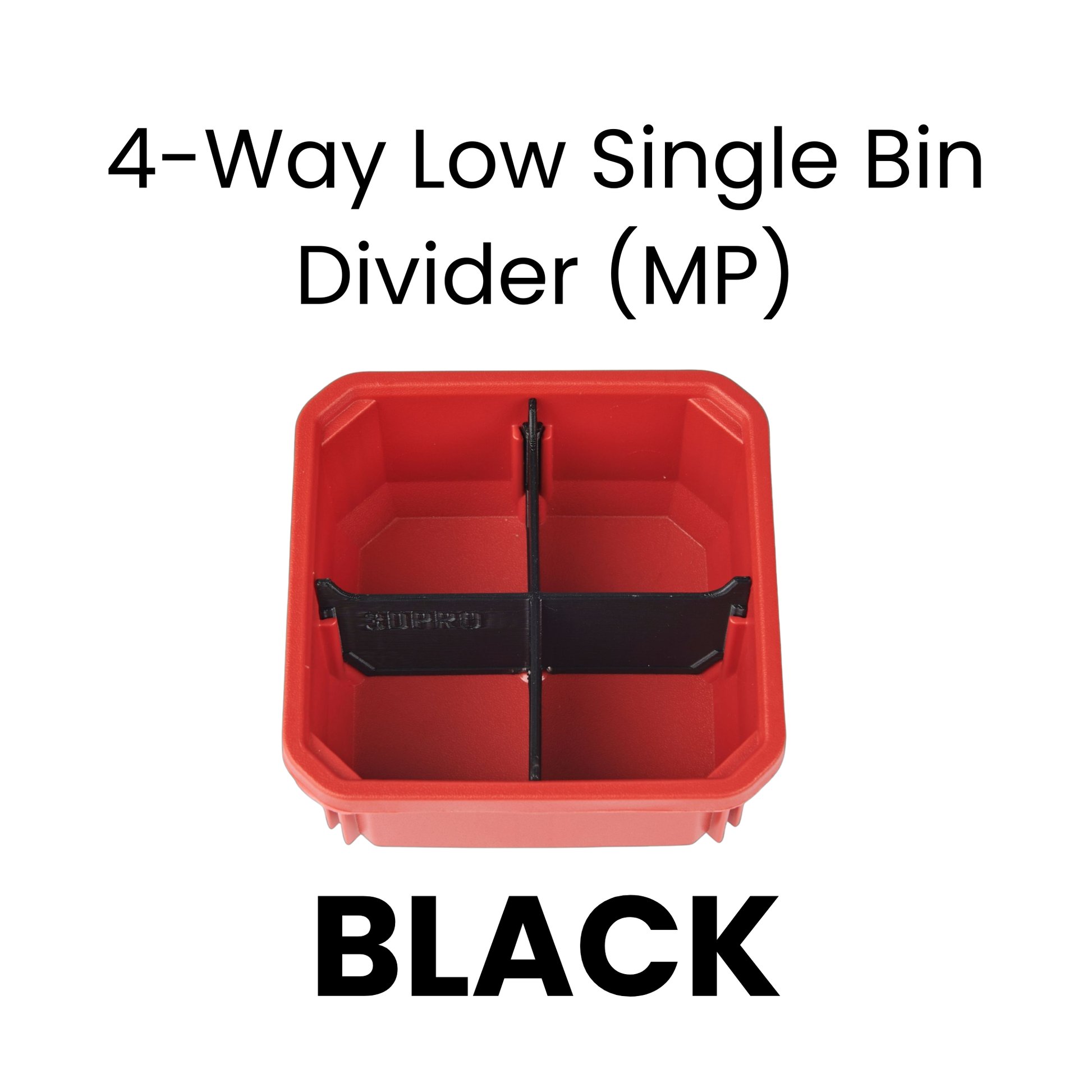 Red bin with a black divider labeled '4-Way Low Single Bin Divider (MP)' on a white background.