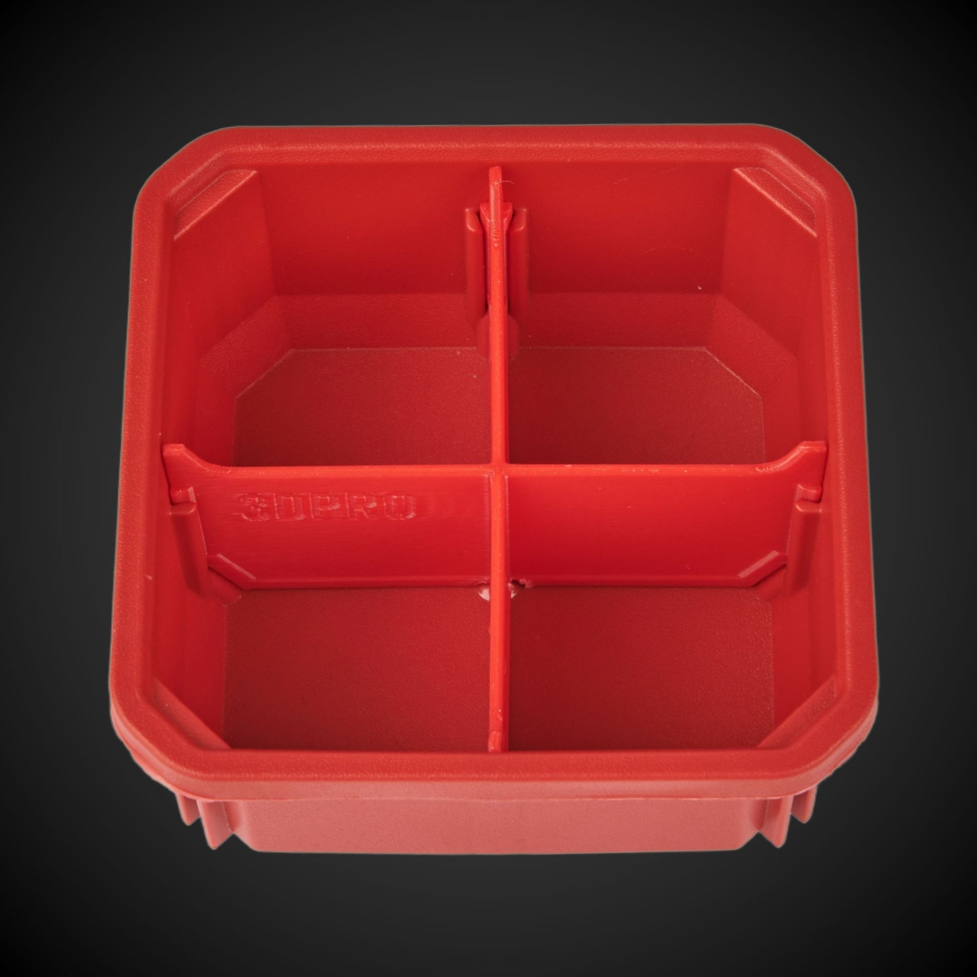 Red Milwaukee storage bin with red 4-Way Low Single Bin Divider (MP)