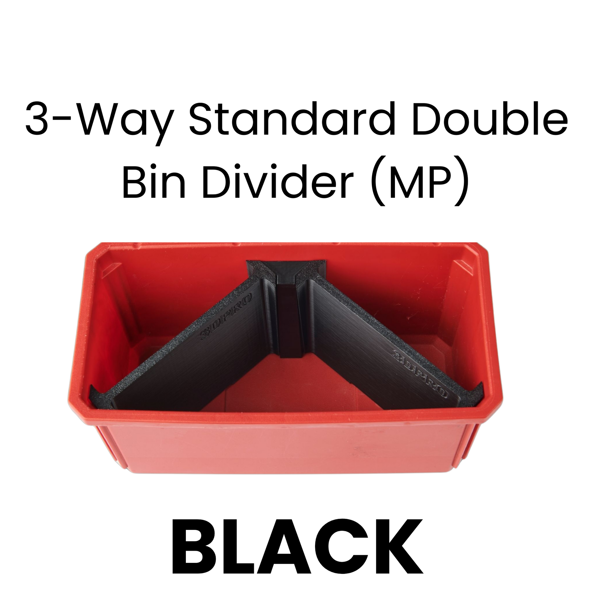Red bin with black 3-way standard double bin divider on a white background