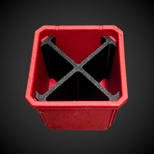 A 3D printed red and black 4-way divider designed to fit inside a Milwaukee Packout standard organizer bin.