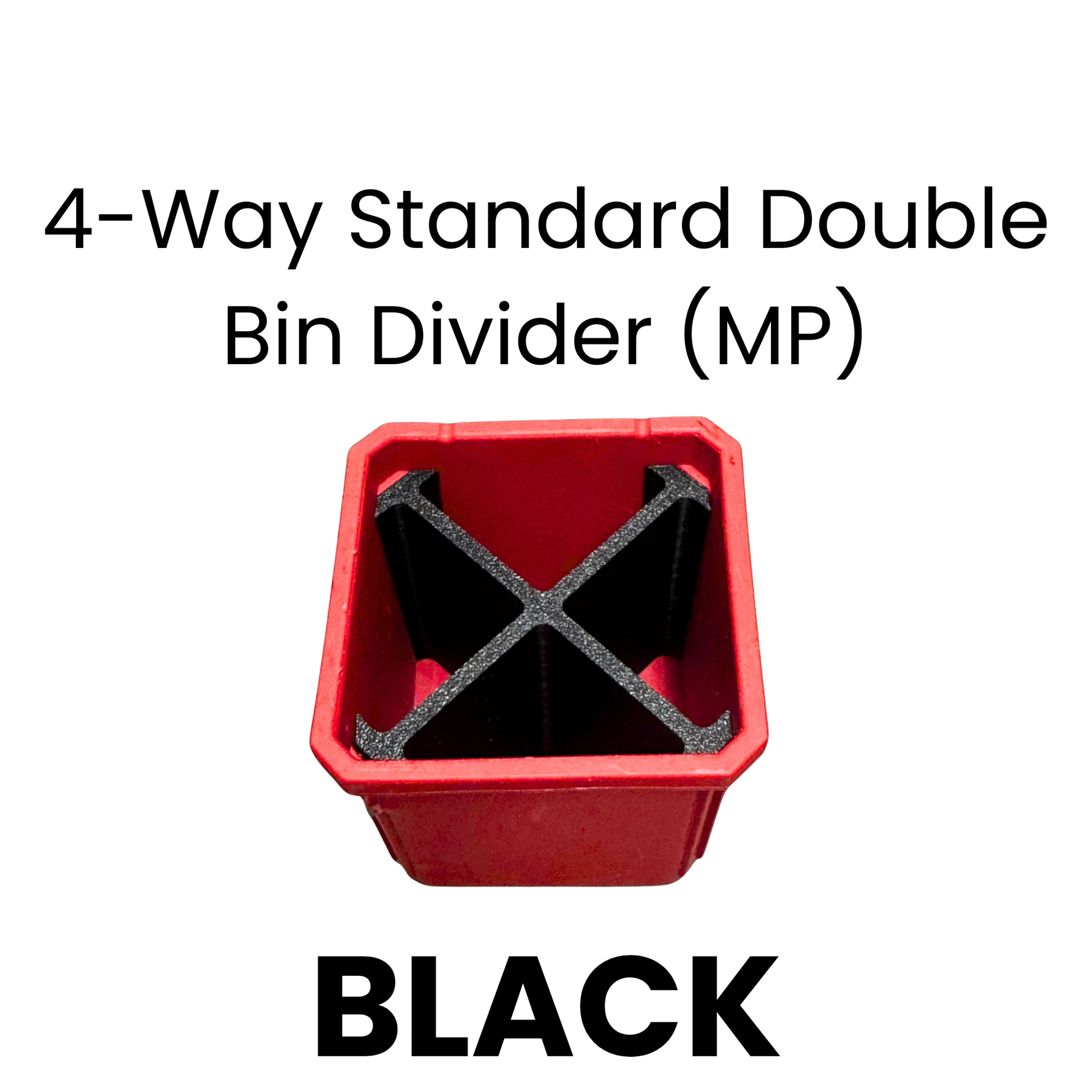 Red bin with black 4-way standard double bin divider on a white background