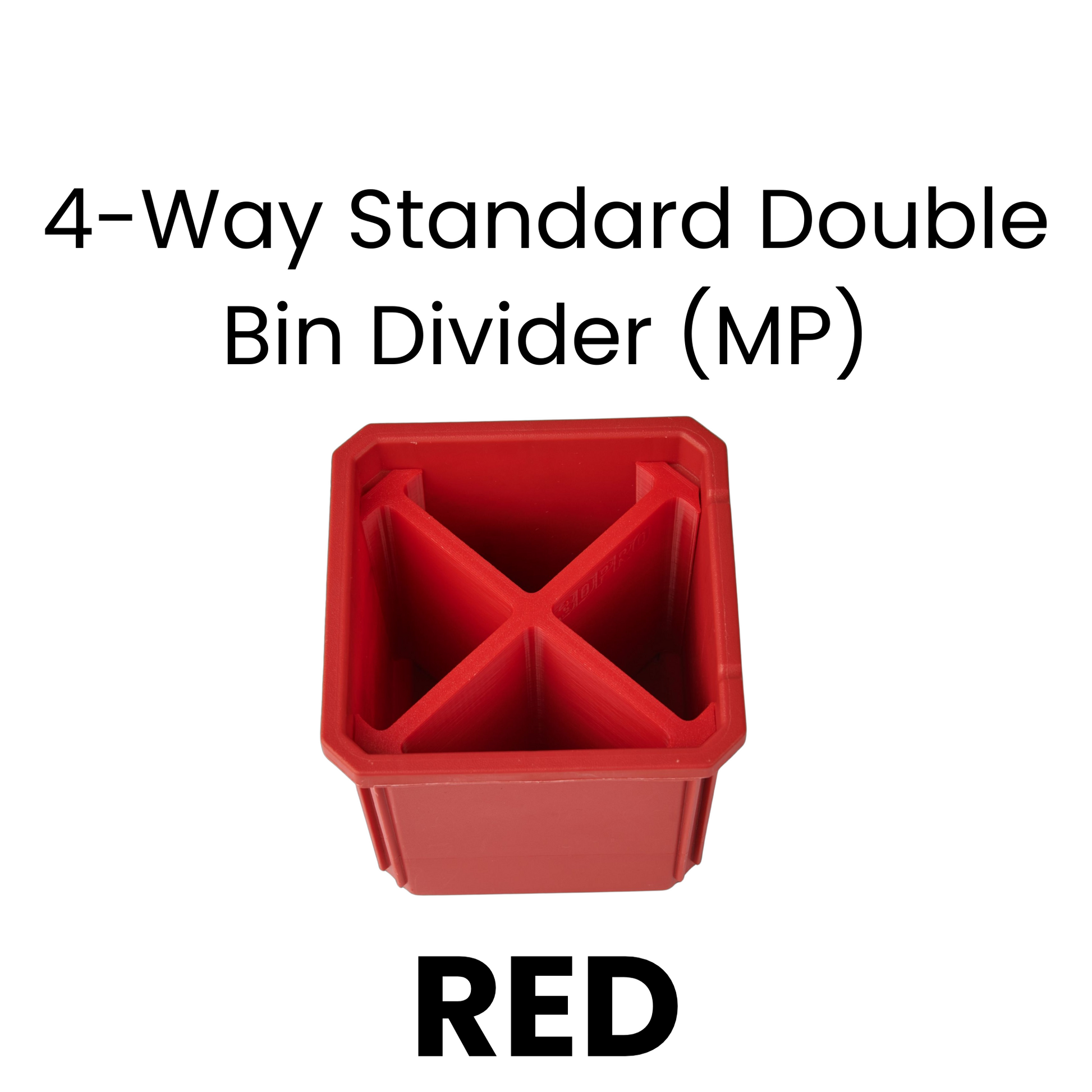 Red 4-way standard double bin divider with text on a white background