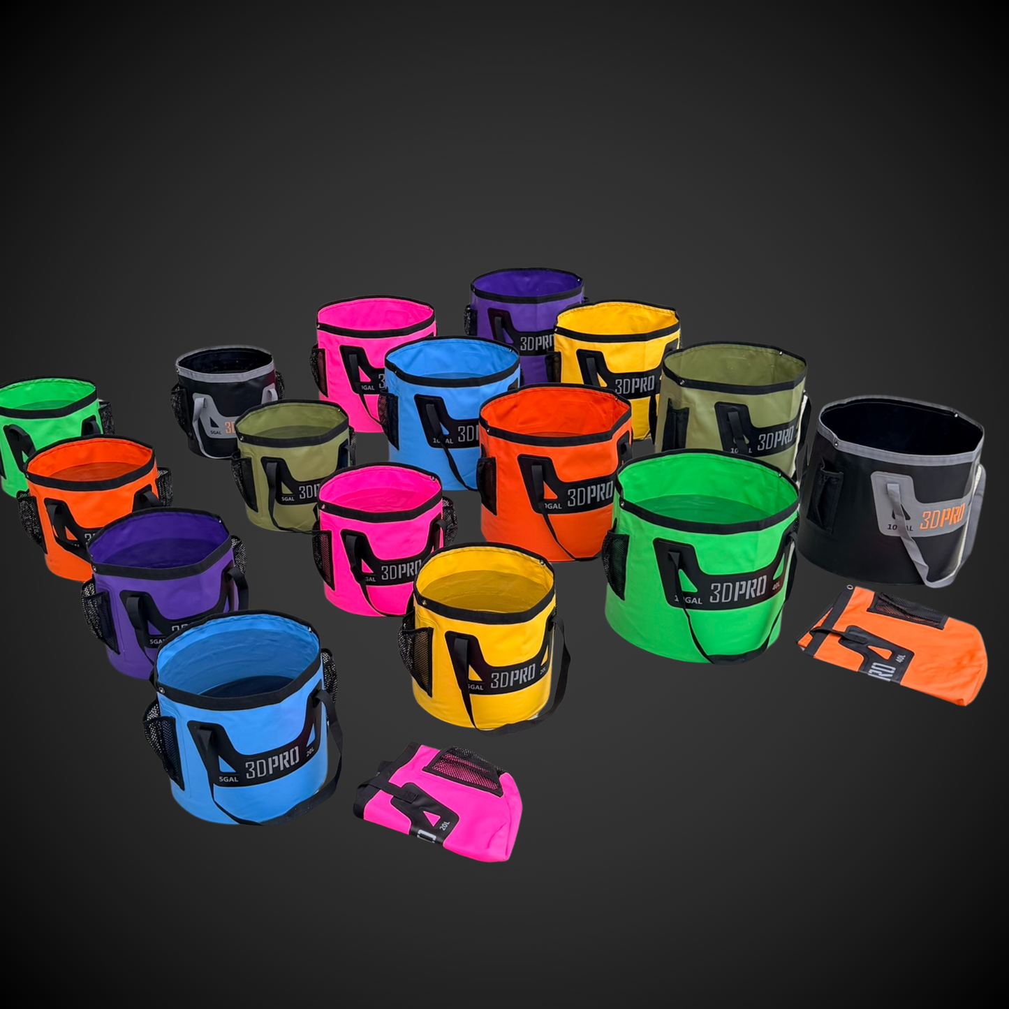 Colorful 3DPRO folding buckets with visible branding on a dark background