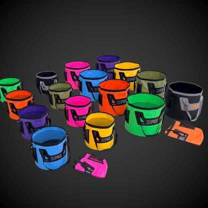 Colorful 3DPRO folding buckets with visible branding on a dark background